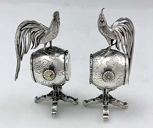 pair of Taiko Japanese silver drum boxes with roosters